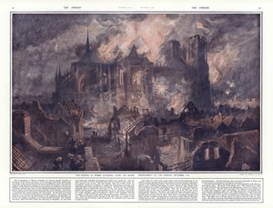 De brand van de kathedraal van Reims na het zware bombardement door de Duitsers, 17-24 september 1914